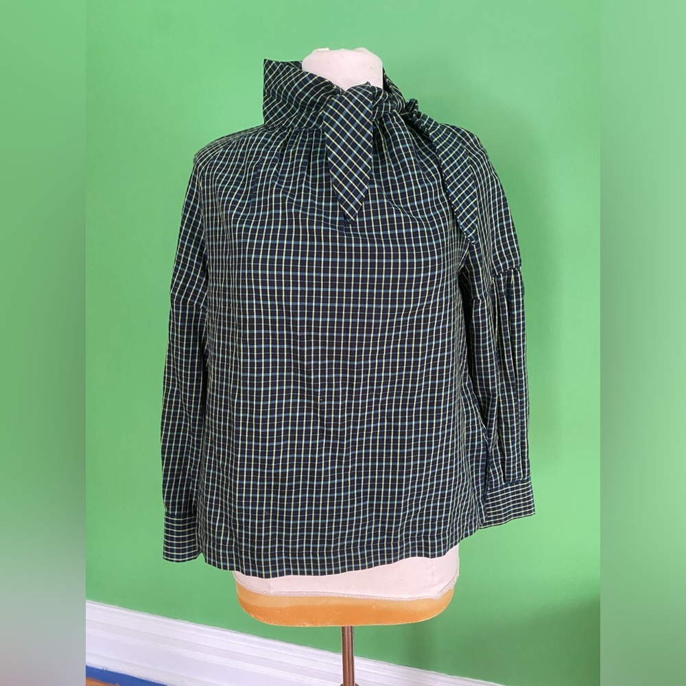 TOAST green black Plaid High-Neck cotton Blouse